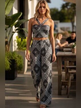 Monteau Los Angeles 2 Piece Linen‎ Blend Pant Set Paisley Black White Boho Beach